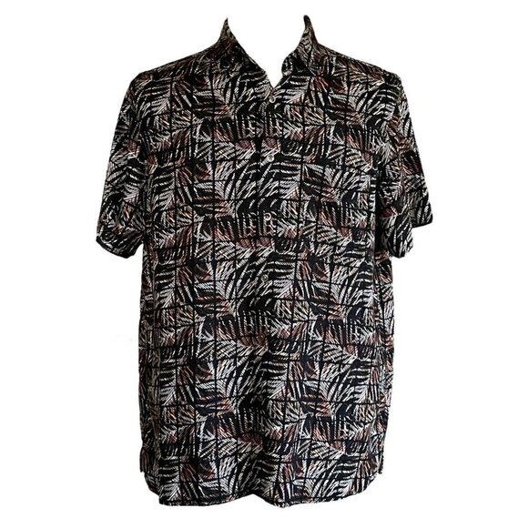 Tasso Elba Mens Sz XL Tropical Palm Leaf Print Shirt Brown Black Silk Hawaiian - Picture 1 of 8